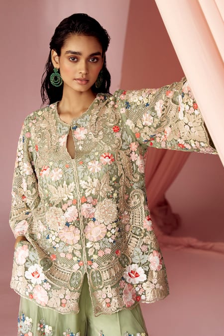 Shop_Pankaj & Nidhi_Green Tulle, Silk Organza Sequins, Miera Hand Embellished Kurta Sharara Set _Online_at_Aza_Fashions