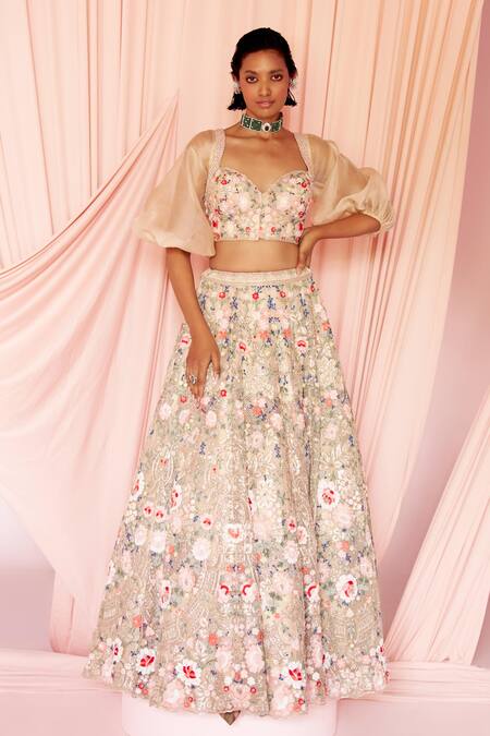 Pankaj & Nidhi Beige Tulle, Silk Organza Embroidery, Miera Floral Applique Lehenga Blouse Set Online at Aza Fashions Pankaj & Nidhi_Beige Tulle, Silk Organza Embroidery, Miera Floral Applique Lehenga Blouse Set _Online_at_Aza_Fashions