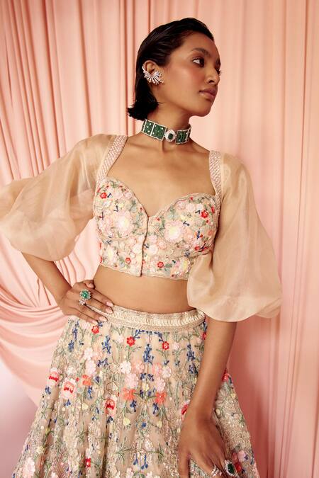 Buy Pankaj & Nidhi Beige Tulle, Silk Organza Embroidery, Miera Floral Applique Lehenga Blouse Set Online at Aza Fashions Buy_Pankaj & Nidhi_Beige Tulle, Silk Organza Embroidery, Miera Floral Applique Lehenga Blouse Set _Online_at_Aza_Fashions