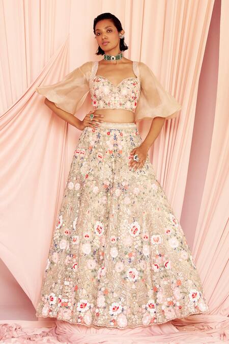 Shop Pankaj & Nidhi Beige Tulle, Silk Organza Embroidery, Miera Floral Applique Lehenga Blouse Set Online at Aza Fashions Shop_Pankaj & Nidhi_Beige Tulle, Silk Organza Embroidery, Miera Floral Applique Lehenga Blouse Set _Online_at_Aza_Fashions