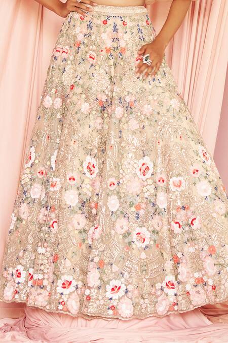 Pankaj & Nidhi Beige Tulle, Silk Organza Embroidery, Miera Floral Applique Lehenga Blouse Set at Aza Fashions Pankaj & Nidhi_Beige Tulle, Silk Organza Embroidery, Miera Floral Applique Lehenga Blouse Set _at_Aza_Fashions