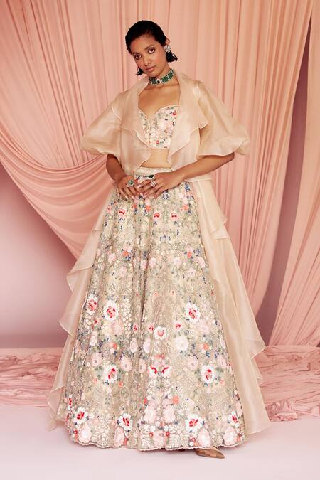 Buy Pankaj & Nidhi Beige Tulle, Silk Organza Embroidery, Miera Floral Applique Lehenga Blouse Set Buy_Pankaj & Nidhi_Beige Tulle, Silk Organza Embroidery, Miera Floral Applique Lehenga Blouse Set