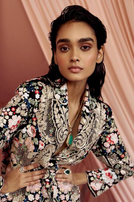 Pankaj & Nidhi Black Tulle, Silk Organza Sequins Miera Floral Applique Jacket With Skirt Online at Aza Fashions Pankaj & Nidhi_Black Tulle, Silk Organza Sequins Miera Floral Applique Jacket With Skirt _Online_at_Aza_Fashions