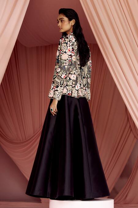 Shop Pankaj & Nidhi Black Tulle, Silk Organza Sequins Miera Floral Applique Jacket With Skirt Online at Aza Fashions Shop_Pankaj & Nidhi_Black Tulle, Silk Organza Sequins Miera Floral Applique Jacket With Skirt _Online_at_Aza_Fashions