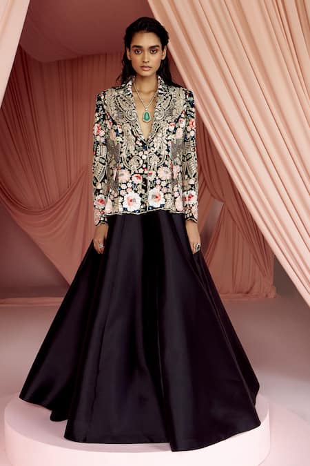 Pankaj & Nidhi Black Tulle And Silk Organza Applique Floral Garden Miera Jacket With Skirt 