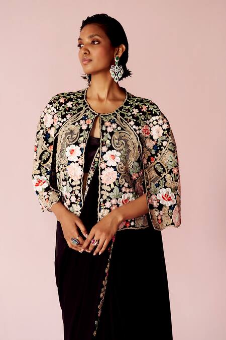 Pankaj & Nidhi_Black Tulle, Silk, Georgette Embroidery Miera Noire Embellished Saree With Cape _Online_at_Aza_Fashions