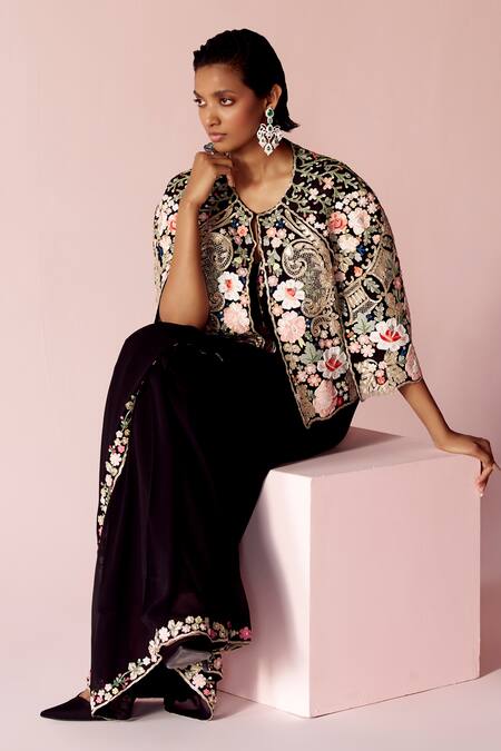 Buy_Pankaj & Nidhi_Black Tulle, Silk, Georgette Embroidery Miera Noire Embellished Saree With Cape _Online_at_Aza_Fashions