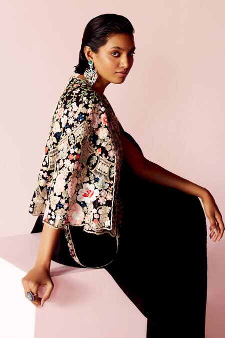 Shop_Pankaj & Nidhi_Black Tulle, Silk, Georgette Embroidery Miera Noire Embellished Saree With Cape _Online_at_Aza_Fashions