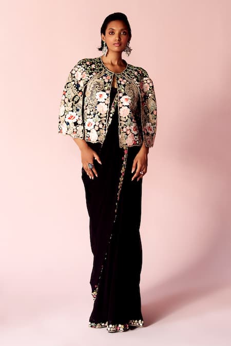 Pankaj & Nidhi Miera Noire Embellished Saree With Cape 