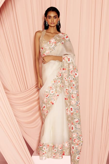 Pankaj & Nidhi Miera Floral Applique Saree With Blouse 