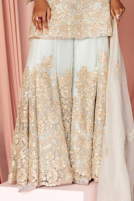 Pankaj & Nidhi_Blue Tulle, Silk Organza Sequins, Cut Work, Thea Floral Kurta Sharara Set _Online_at_Aza_Fashions