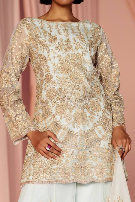 Buy_Pankaj & Nidhi_Blue Tulle, Silk Organza Sequins, Cut Work, Thea Floral Kurta Sharara Set _Online_at_Aza_Fashions