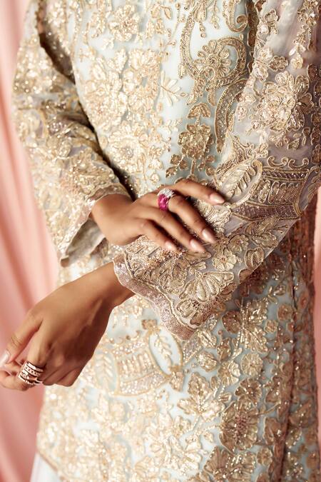 Pankaj & Nidhi_Blue Tulle, Silk Organza Sequins, Cut Work, Thea Floral Kurta Sharara Set _at_Aza_Fashions