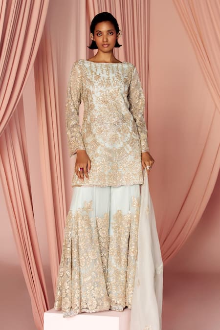 Buy_Pankaj & Nidhi_Blue Tulle, Silk Organza Sequins, Cut Work, Thea Floral Kurta Sharara Set 