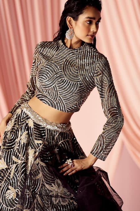 Pankaj & Nidhi_Black Tulle, Silk Organza Sequins, Beads, Vera Embellished Lehenga With Blouse _Online_at_Aza_Fashions