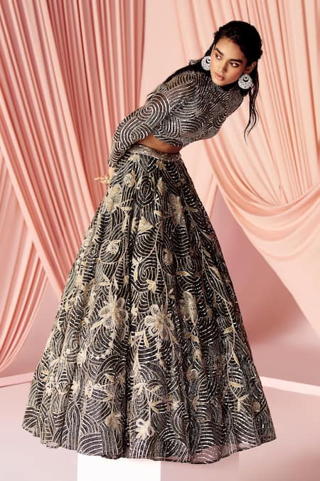 Buy_Pankaj & Nidhi_Black Tulle, Silk Organza Sequins, Beads, Vera Embellished Lehenga With Blouse _Online_at_Aza_Fashions