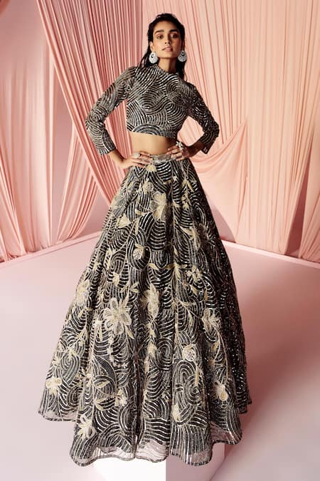 Shop_Pankaj & Nidhi_Black Tulle, Silk Organza Sequins, Beads, Vera Embellished Lehenga With Blouse _Online_at_Aza_Fashions