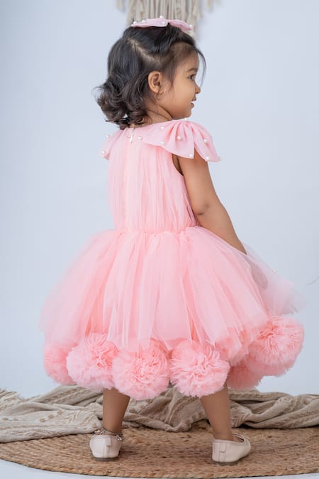 Shop Label Neeti Peach Cotton, Taffeta, Net Pom-poms, Bows Pearls Embellished Pompom Dress at Aza Fashions Shop_Label Neeti_Peach Cotton, Taffeta, Net Pom-poms, Bows Pearls Embellished Pompom Dress _at_Aza_Fashions