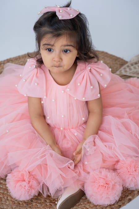 Buy Label Neeti Peach Cotton, Taffeta, Net Pom-poms, Bows Pearls Embellished Pompom Dress Online at Aza Fashions Buy_Label Neeti_Peach Cotton, Taffeta, Net Pom-poms, Bows Pearls Embellished Pompom Dress _Online_at_Aza_Fashions