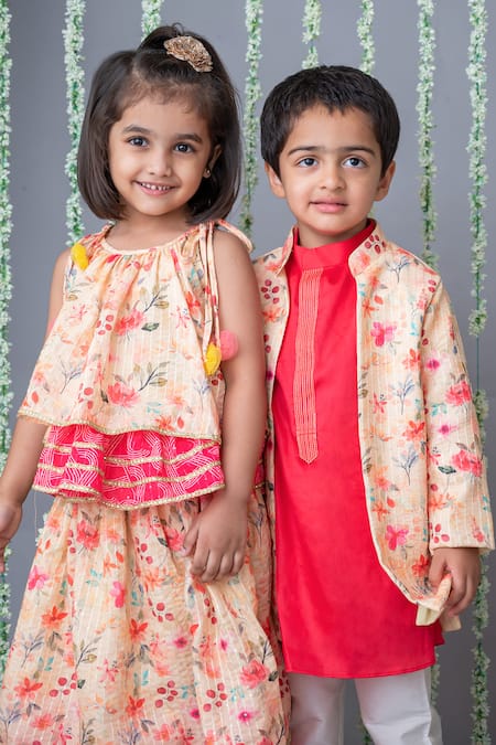 Shop Label Neeti Pink Cotton, Net Lace, Embroidery Blossom Print Tiered Lehenga With Top at Aza Fashions Shop_Label Neeti_Pink Cotton, Net Lace, Embroidery Blossom Print Tiered Lehenga With Top _at_Aza_Fashions