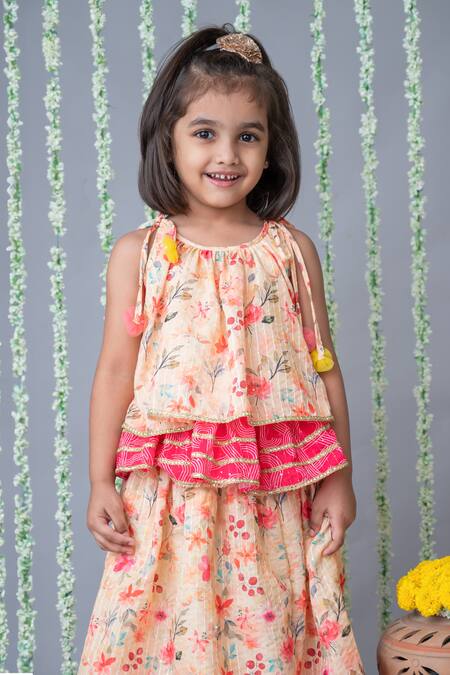 Label Neeti Pink Cotton, Net Lace, Embroidery Blossom Print Tiered Lehenga With Top Online at Aza Fashions Label Neeti_Pink Cotton, Net Lace, Embroidery Blossom Print Tiered Lehenga With Top _Online_at_Aza_Fashions