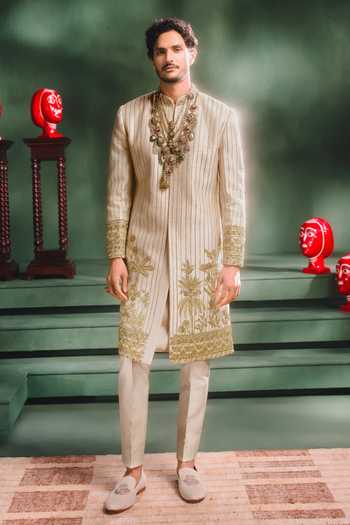 Pre Order: Beige Floral Hand painted Sherwani And Pant main image 1