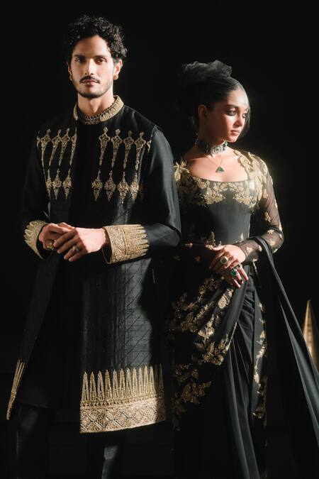 Masaba Black Silk Embroidery, Zari Embellished Bundi Kurta Set at Aza Fashions Masaba_Black Silk Embroidery, Zari Embellished Bundi Kurta Set _at_Aza_Fashions