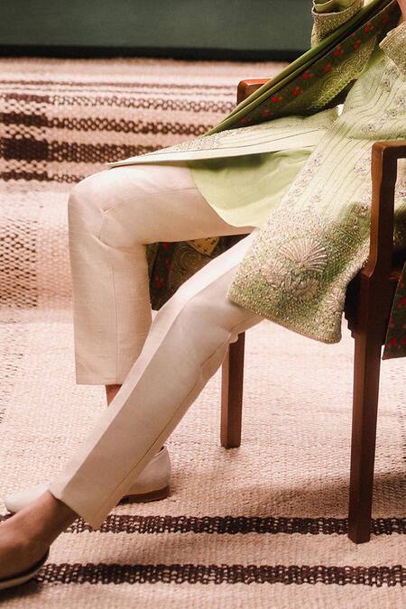 Masaba_Green Silk, Viscose Embroidery The Pista Barfi Sherwani Pant Set _Online_at_Aza_Fashions