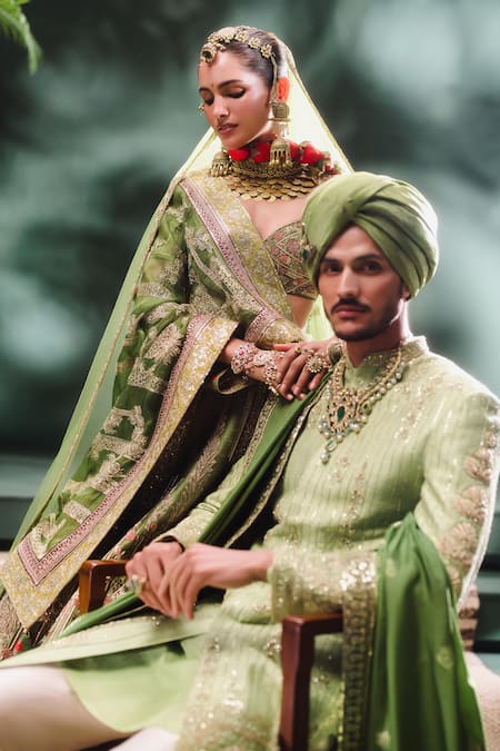 Buy_Masaba_Green Silk, Viscose Embroidery The Pista Barfi Sherwani Pant Set _Online_at_Aza_Fashions