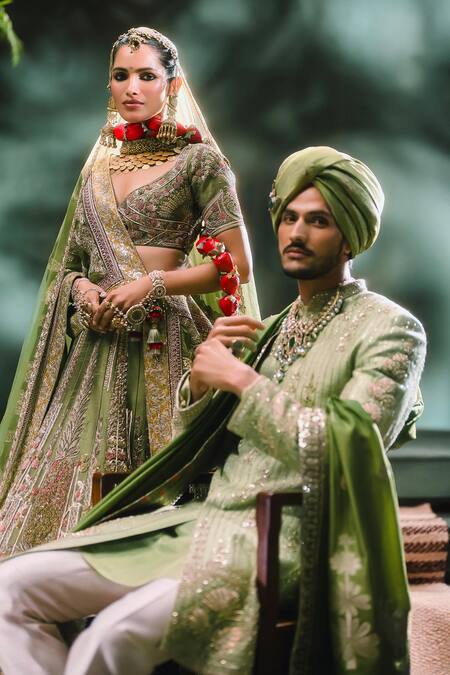 Shop_Masaba_Green Silk, Viscose Embroidery The Pista Barfi Sherwani Pant Set _Online_at_Aza_Fashions