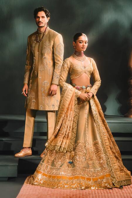 Buy_Masaba_Beige Silk Cut Work, Sequins, Beads The Kesar Varak Sherwani Pant Set _Online_at_Aza_Fashions