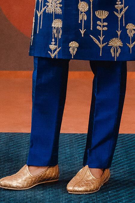 Masaba_Blue Silk Cut Work, Embroidery The Neel Bahar Sherwani Pant Set _Online_at_Aza_Fashions