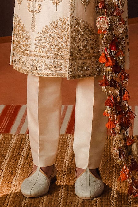 Masaba_Beige Silk, Cotton Cut Work, Sequins, Zari The Matka Kulfi Sherwani Pant Set _Online_at_Aza_Fashions