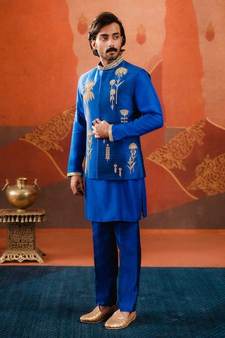 Masaba Blue Bundi Heavy Raw Silk Embroidery Gulmohar The Neel Bahar Kurta Set 