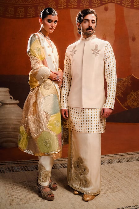 Shop Masaba Ivory Silk, Viscose Embroidery Bundi And Kurta Set Online at Aza Fashions Shop_Masaba_Ivory Silk, Viscose Embroidery Bundi And Kurta Set _Online_at_Aza_Fashions