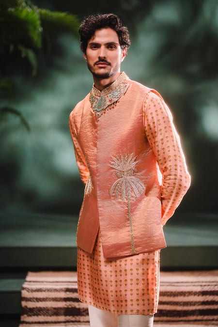 Shop_Masaba_Pink Tissue, Viscose, Silk Embroidery Shera Palm Tree Bundi Set _at_Aza_Fashions