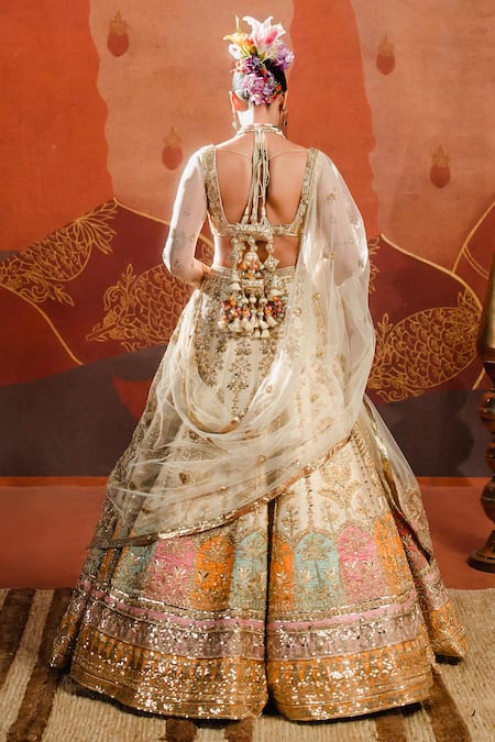 Shop_Masaba_Beige Silk, Tulle Tassels, Embroidery Plunge Bombay Barfi Bridal Lehenga Set _at_Aza_Fashions