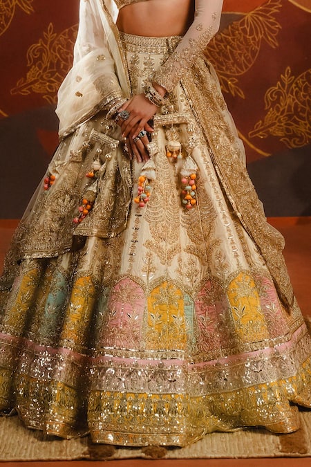 Masaba_Beige Silk, Tulle Tassels, Embroidery Plunge Bombay Barfi Bridal Lehenga Set _Online_at_Aza_Fashions