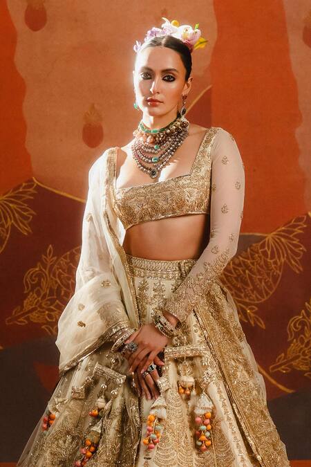 Buy_Masaba_Beige Silk, Tulle Tassels, Embroidery Plunge Bombay Barfi Bridal Lehenga Set _Online_at_Aza_Fashions