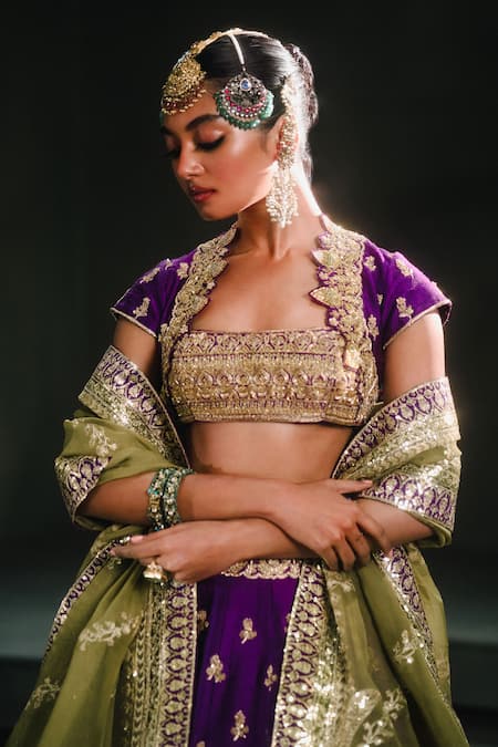 Shop_Masaba_Purple Silk, Viscose Embroidery Round Neck Jamun Fizz Bridal Lehenga Set _at_Aza_Fashions