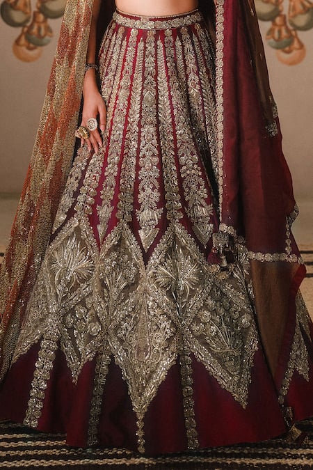 Masaba_Wine Leatherette, Georgette, Organza, Kokum Sherbet Bridal Lehenga Set _Online_at_Aza_Fashions