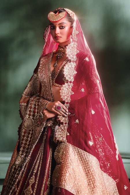 Shop_Masaba_Wine Leather, , Organza, Georgette Gajar Halwa Bridal Lehenga Set _at_Aza_Fashions