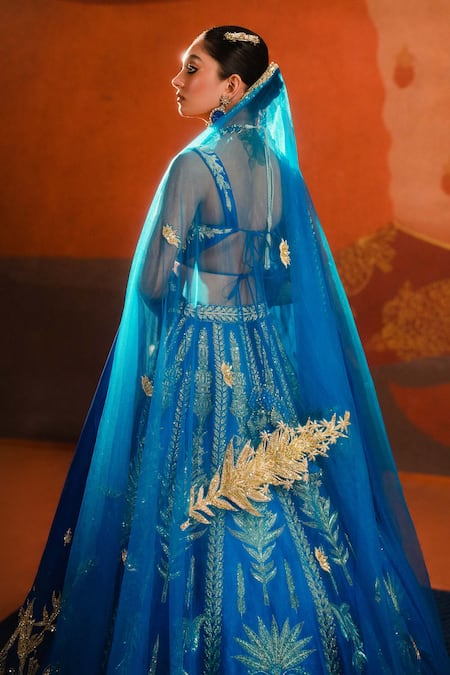 Shop Masaba Blue , Tulle, Organza Zari, Embroidery, Neel Bahar Bridal Lehenga Set at Aza Fashions Shop_Masaba_Blue , Tulle, Organza Zari, Embroidery, Neel Bahar Bridal Lehenga Set _at_Aza_Fashions