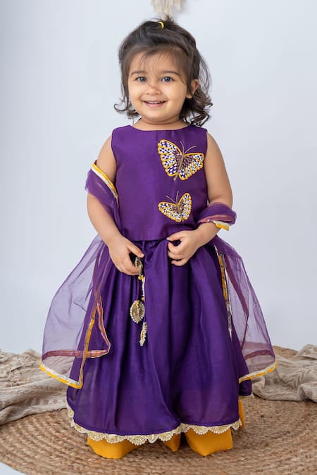 Label Neeti Purple Silk, Cotton Sequins, Embroidery Layered Lehenga And Top Set