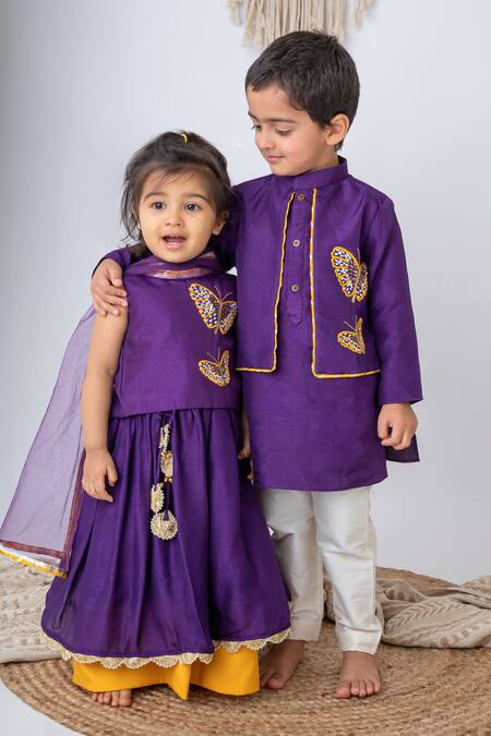 Label Neeti Purple Silk, Cotton Sequins, Embroidery Layered Lehenga And Top Set Online at Aza Fashions Label Neeti_Purple Silk, Cotton Sequins, Embroidery Layered Lehenga And Top Set _Online_at_Aza_Fashions