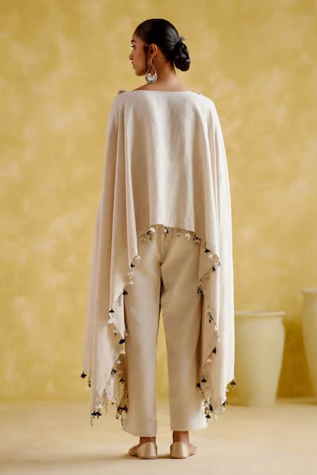 Shop 5elements Beige Linen Tassels Round Neck Zephyr Exaggerated Sleeve Top With Pant at Aza Fashions Shop_5elements_Beige Linen Tassels Round Neck Zephyr Exaggerated Sleeve Top With Pant _at_Aza_Fashions