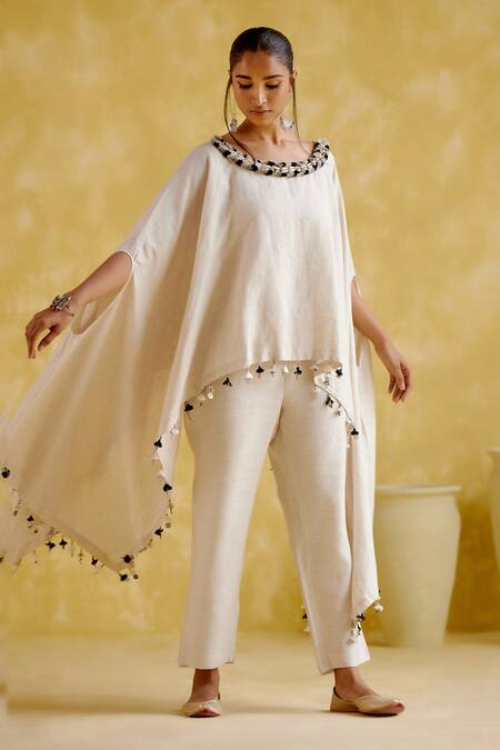 5elements Beige Linen Tassels Round Neck Zephyr Exaggerated Sleeve Top With Pant Online at Aza Fashions 5elements_Beige Linen Tassels Round Neck Zephyr Exaggerated Sleeve Top With Pant _Online_at_Aza_Fashions