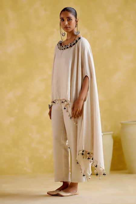 Shop 5elements Beige Linen Tassels Round Neck Zephyr Exaggerated Sleeve Top With Pant Online at Aza Fashions Shop_5elements_Beige Linen Tassels Round Neck Zephyr Exaggerated Sleeve Top With Pant _Online_at_Aza_Fashions
