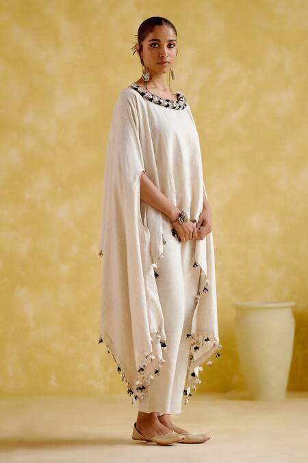 5elements Beige Linen Tassels Round Neck Zephyr Exaggerated Sleeve Top With Pant at Aza Fashions 5elements_Beige Linen Tassels Round Neck Zephyr Exaggerated Sleeve Top With Pant _at_Aza_Fashions