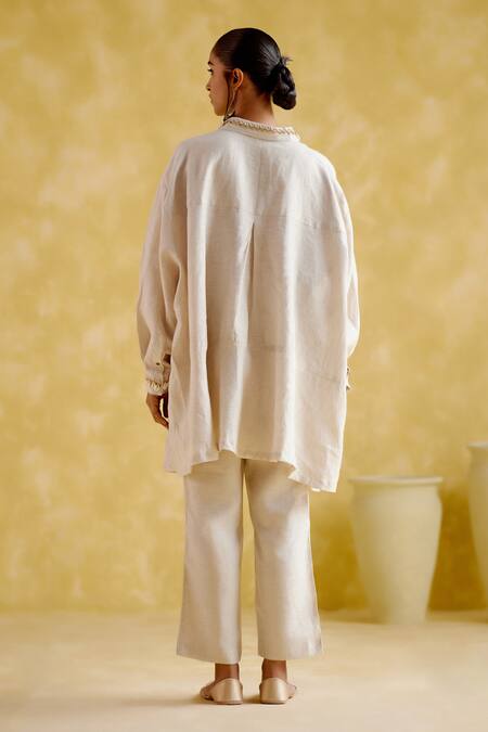 Shop 5elements Beige Linen Embroidery Collared Seashell Shirt With Pant at Aza Fashions Shop_5elements_Beige Linen Embroidery Collared Seashell Shirt With Pant _at_Aza_Fashions